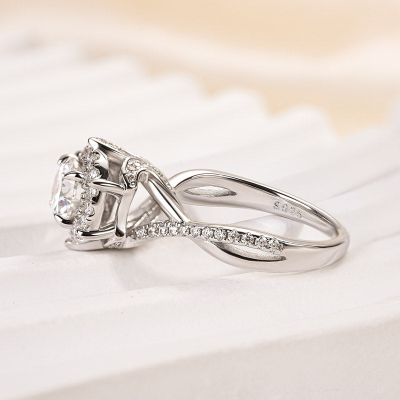 1Ct Halo Moissanite Ring - 18K White Gold