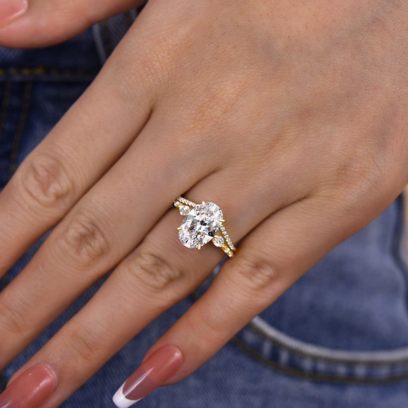 4.0Ct Oval Cut Diamond Ring Set - 925 Silver Yellow Gold Plated