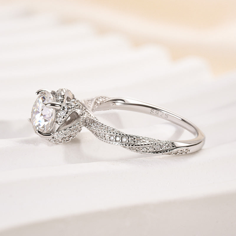 Floral 1.0Ct Moissanite Engagement Ring in White Gold