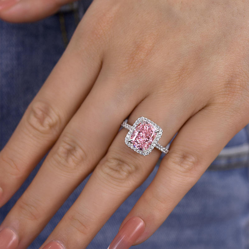 4.0Ct Cushion Cut Pink Sapphire Halo Ring
