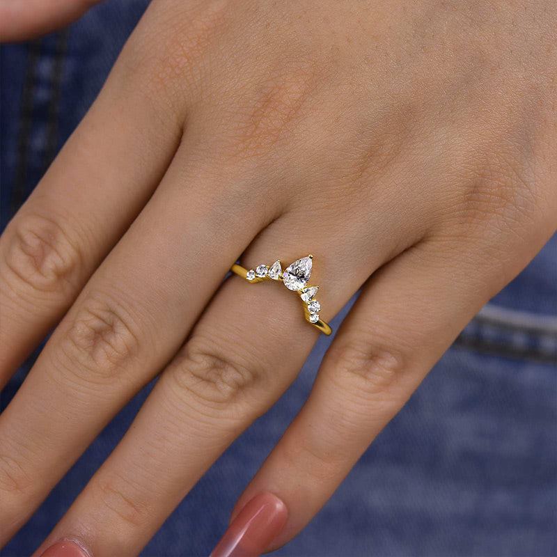 Aurogem 925 Silver Gold Plated Pear & Round Cut Diamond Band