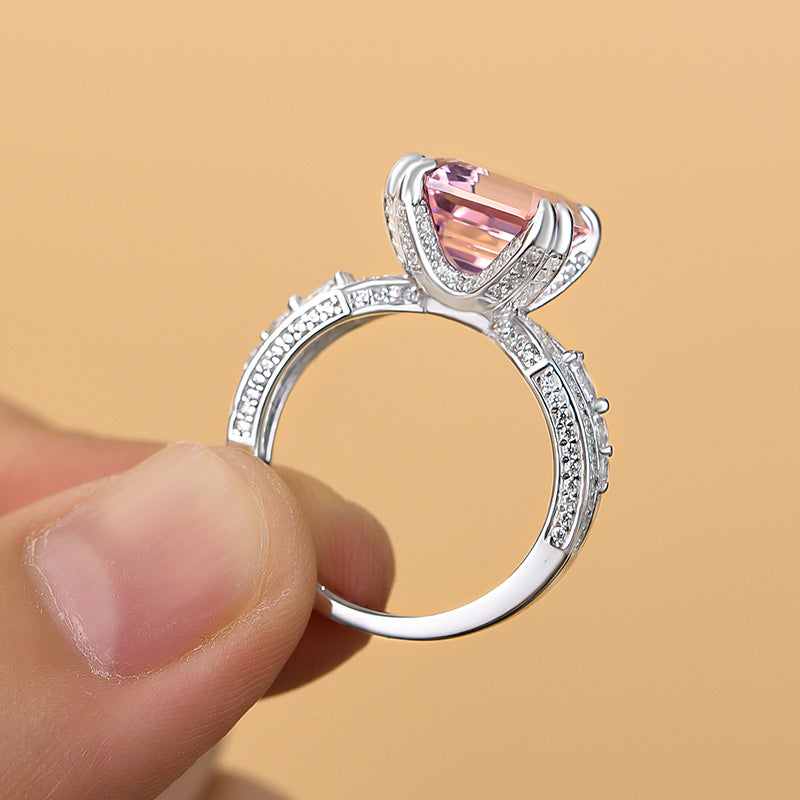 6.0Ct Asscher Cut Morganite & Diamond Halo Ring
