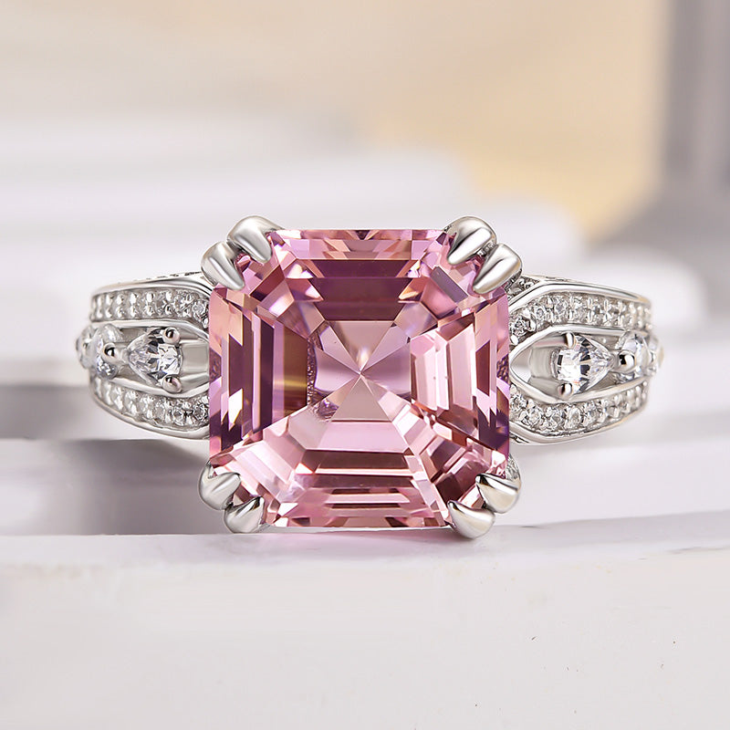 6.0Ct Asscher Cut Morganite & Diamond Halo Ring