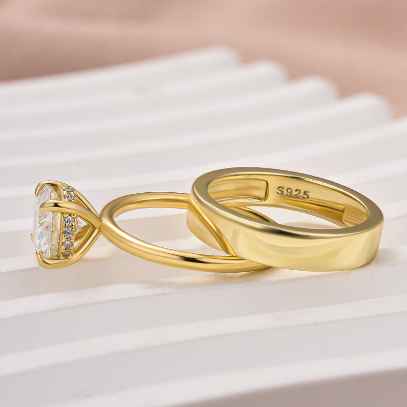 2.0CT Round Cut Moissanite Wedding Ring Set – 925 Silver 18K Yellow Gold