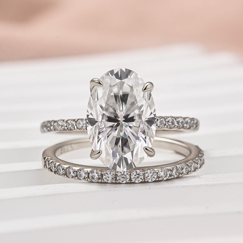 4Ct Oval Moissanite Ring Set - Platinum Plated Two-Tone