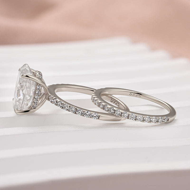 4Ct Oval Moissanite Ring Set - Platinum Plated Two-Tone