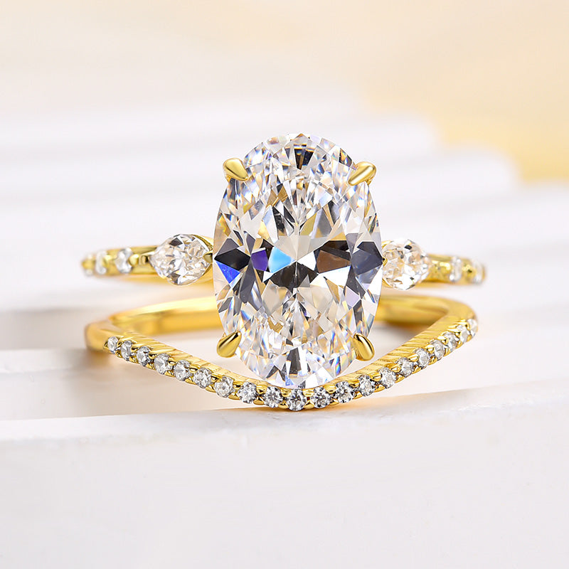 4.0Ct Oval Cut Diamond Ring Set - 925 Silver Yellow Gold Plated