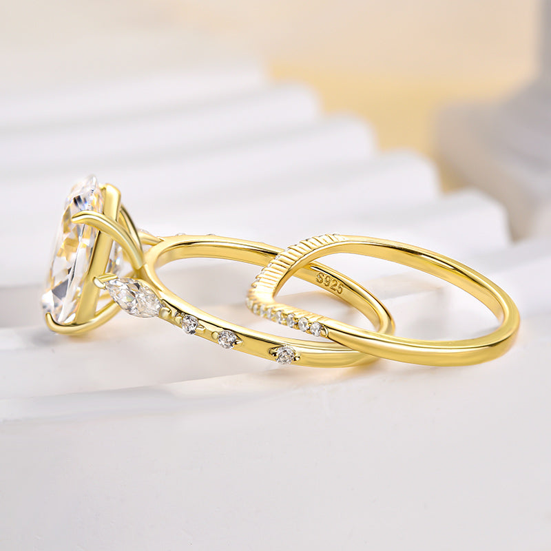 4.0Ct Oval Cut Diamond Ring Set - 925 Silver Yellow Gold Plated