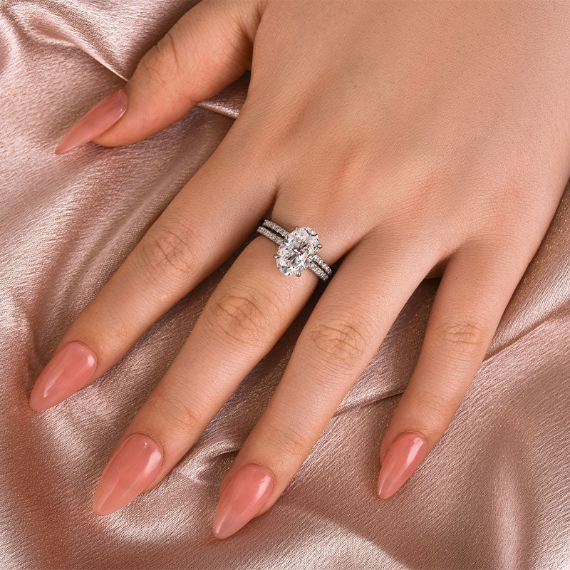4Ct Oval Moissanite Ring Set - Platinum Plated Two-Tone