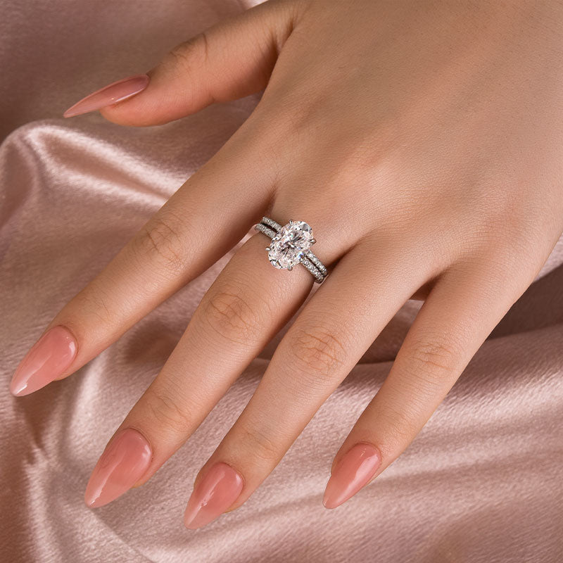 4Ct Oval Moissanite Ring Set - Platinum Plated Two-Tone