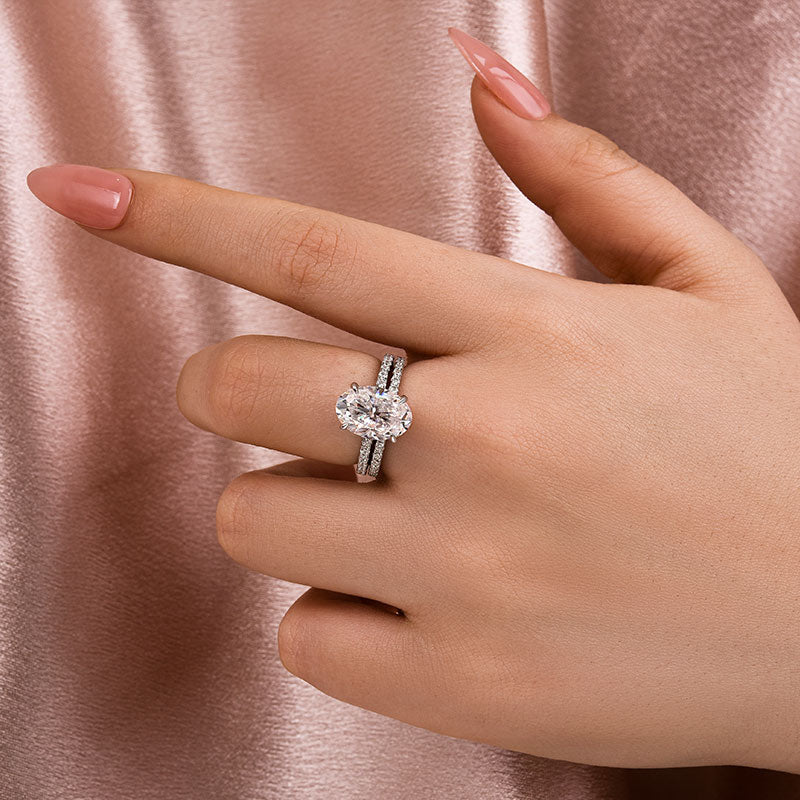 4Ct Oval Moissanite Ring Set - Platinum Plated Two-Tone