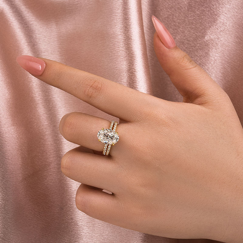 4Ct Oval Moissanite Ring Set - Platinum Plated Two-Tone