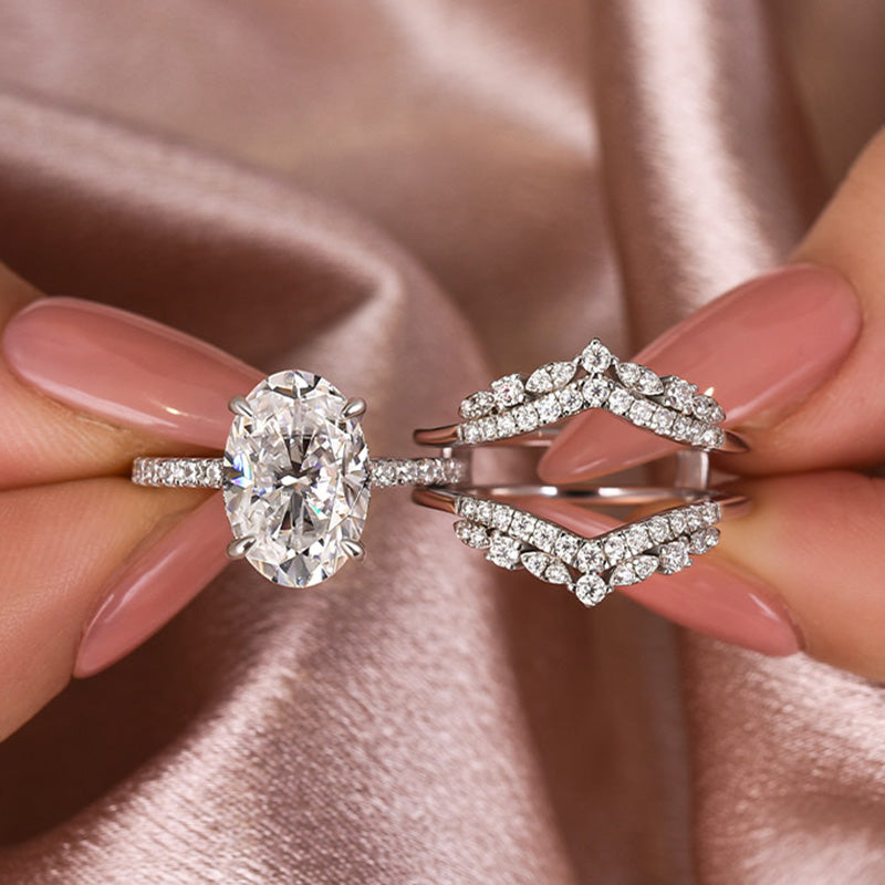 4Ct Oval Moissanite Wedding Set - Platinum Plated Stackable