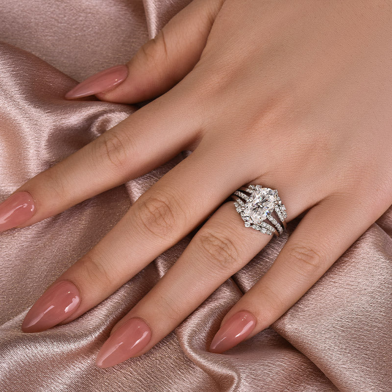 4Ct Oval Moissanite Wedding Set - Platinum Plated Stackable