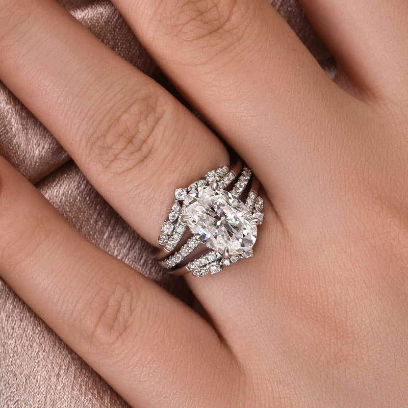 4Ct Oval Moissanite Wedding Set - Platinum Plated Stackable
