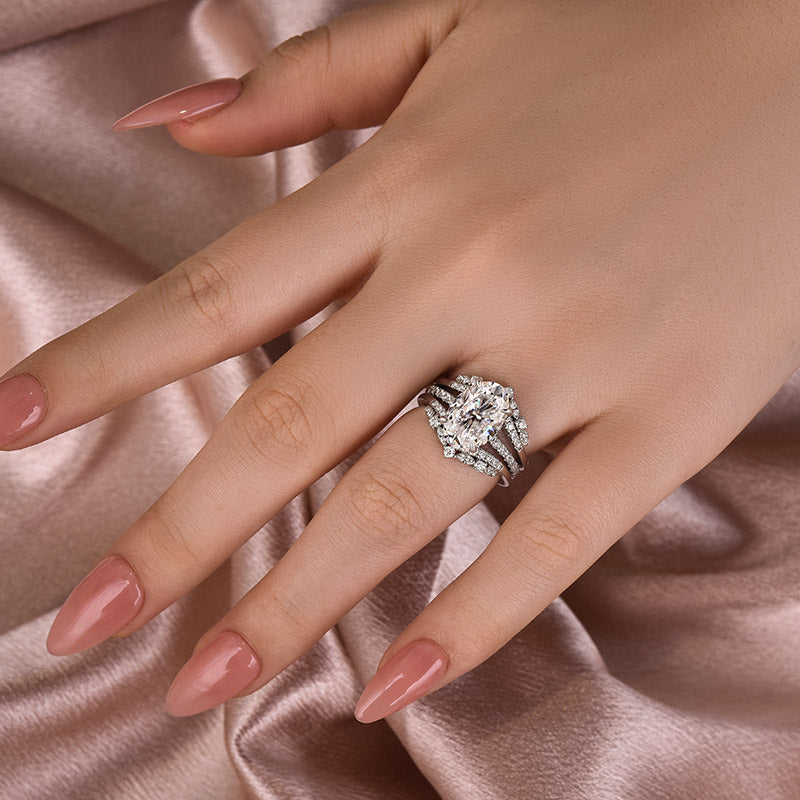 4Ct Oval Moissanite Wedding Set - Platinum Plated Stackable