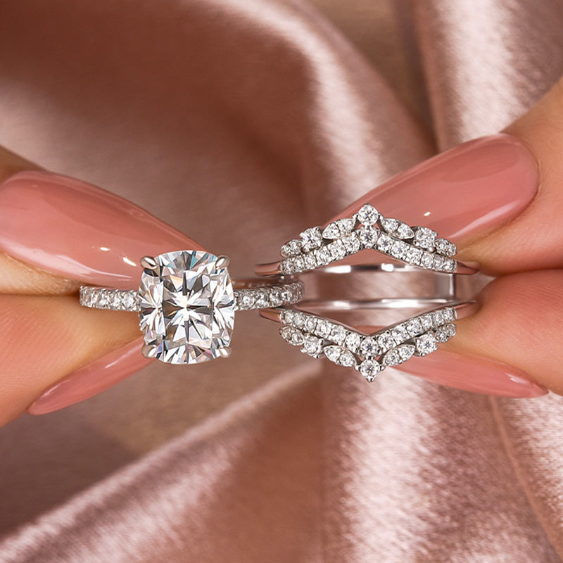 3Ct Cushion Moissanite Wedding Set - Stackable White Gold Band