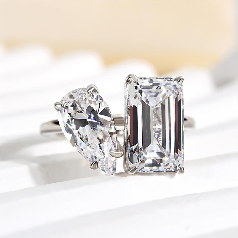 4.0Ct Emerald & 2.0Ct Pear Cut Diamond Duo Ring