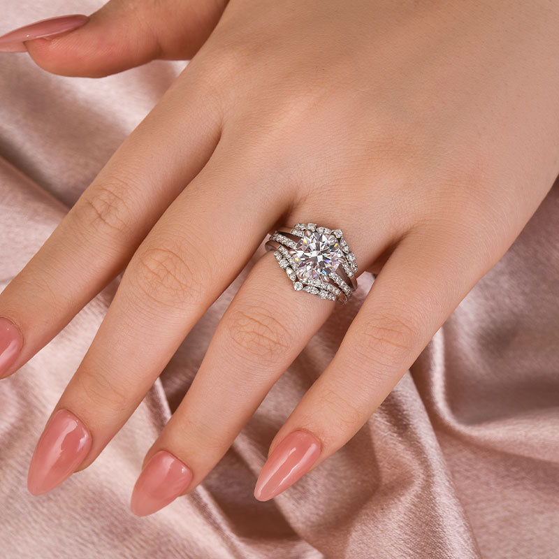 3.0CT Moissanite Round Cut Wedding Ring Set – 925 Silver Platinum Plated