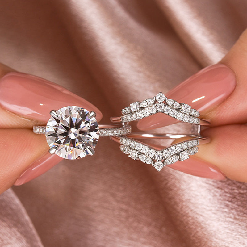 4Ct Round Moissanite Ring Set - Platinum Stackable Band