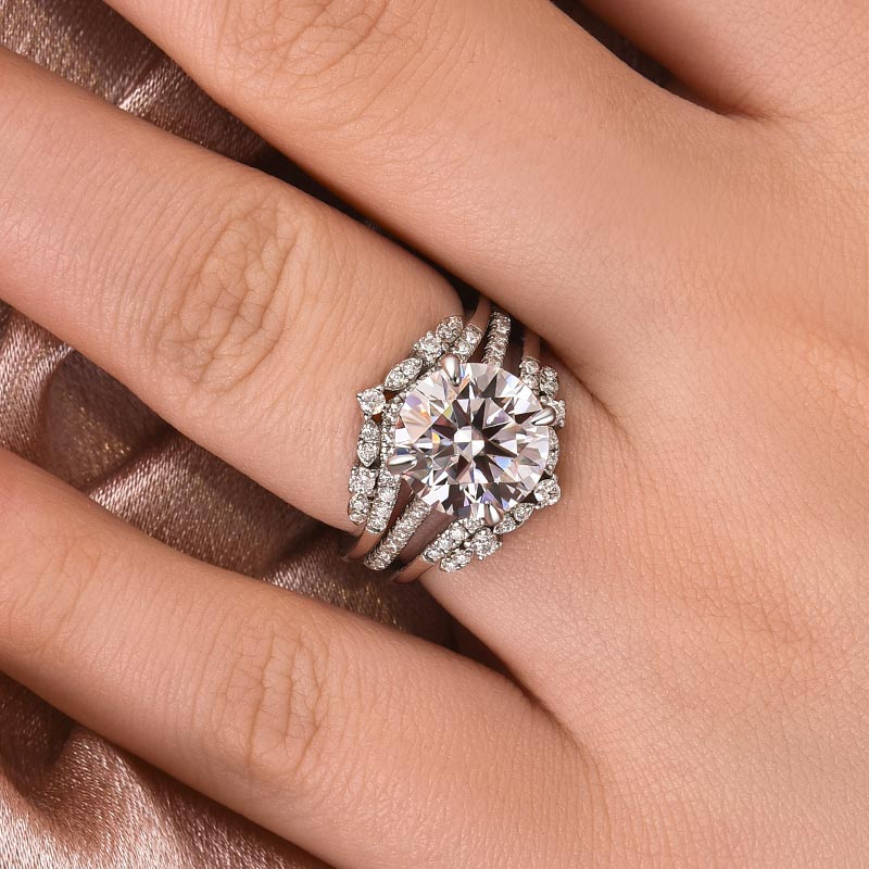 4Ct Round Moissanite Ring Set - Platinum Stackable Band