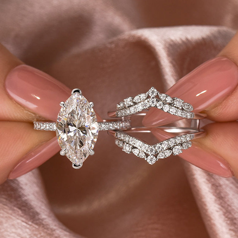 4Ct Marquise Moissanite Ring Set - Stackable White Gold