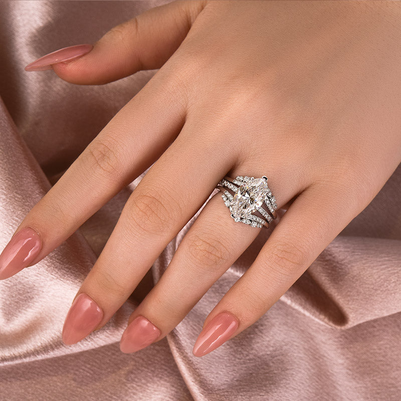 4Ct Marquise Moissanite Ring Set - Stackable White Gold