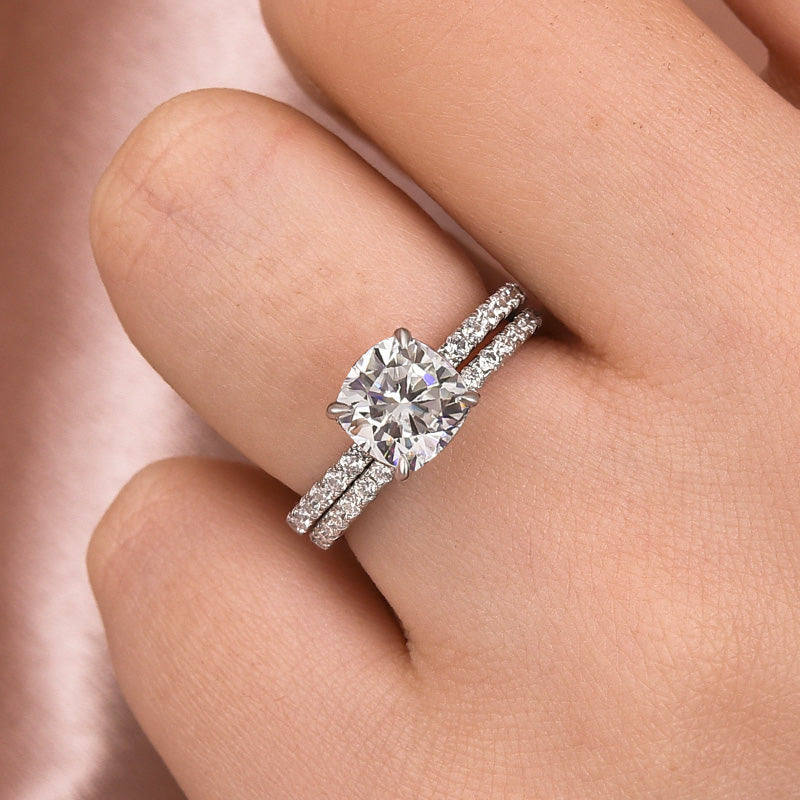 2Ct Square Cushion Moissanite Set - Half Halo White Gold