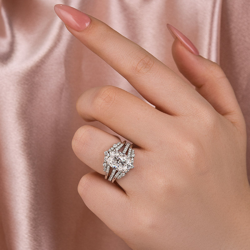4Ct Oval Moissanite Wedding Set - Platinum Plated Stackable