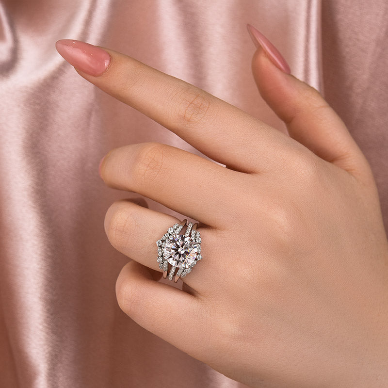 4Ct Round Moissanite Ring Set - Platinum Stackable Band