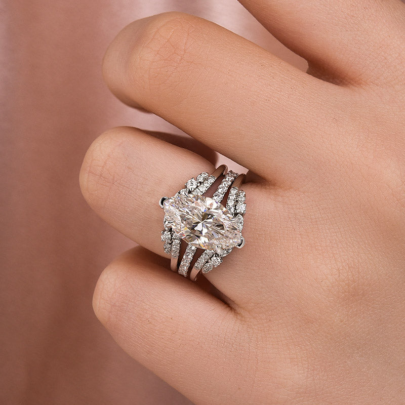 4Ct Marquise Moissanite Ring Set - Stackable White Gold
