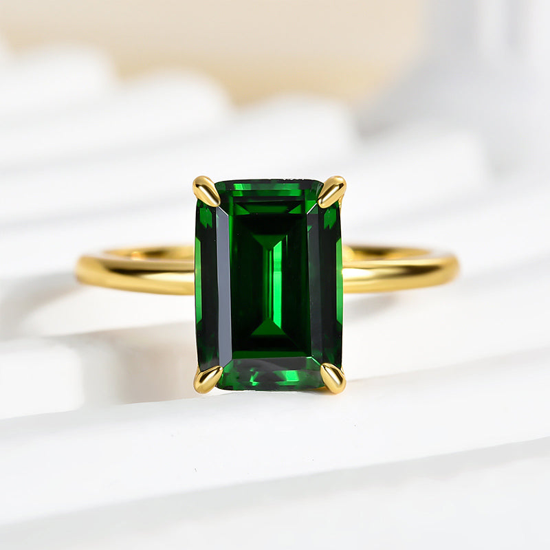 Emerald Cut Green Gemstone Engagement Ring Yellow Gold Plated
