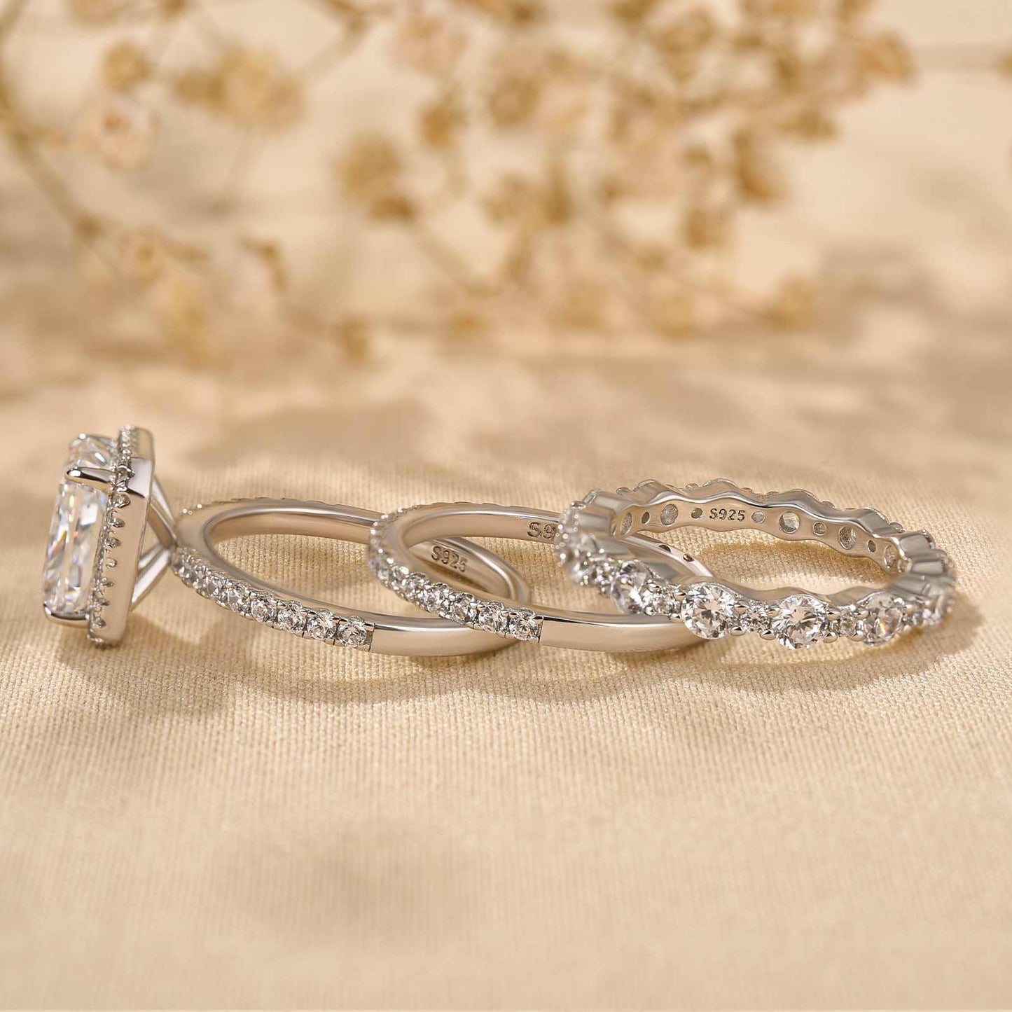 3.0Ct Radiant Halo Wedding Set - 925 Silver White Gold