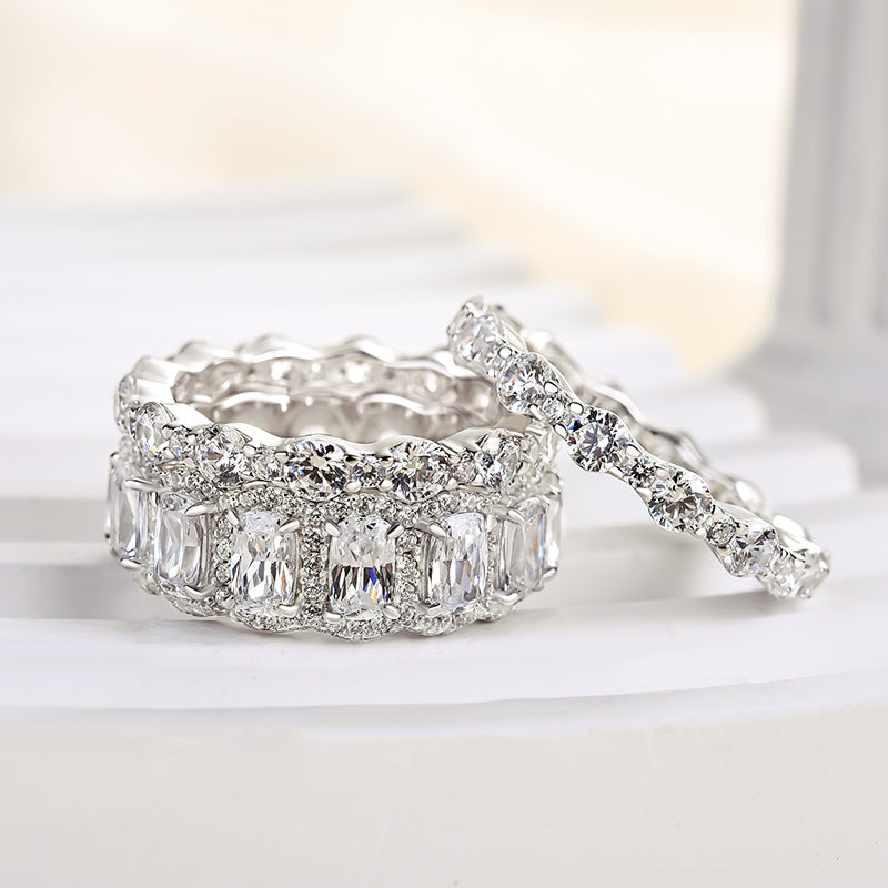 9.0 Carat Simulated Diamond Wedding Band Set in 18K White Gold Plated Silver
