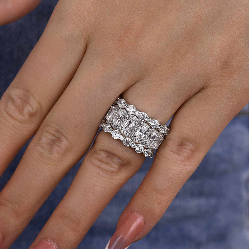 9.0 Carat Simulated Diamond Wedding Band Set in 18K White Gold Plated Silver