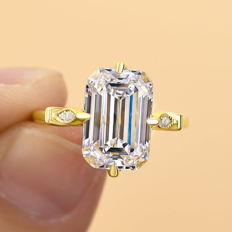 55CT Emerald Cut Engagement Ring 925 Silver 18K Yellow Gold Plated