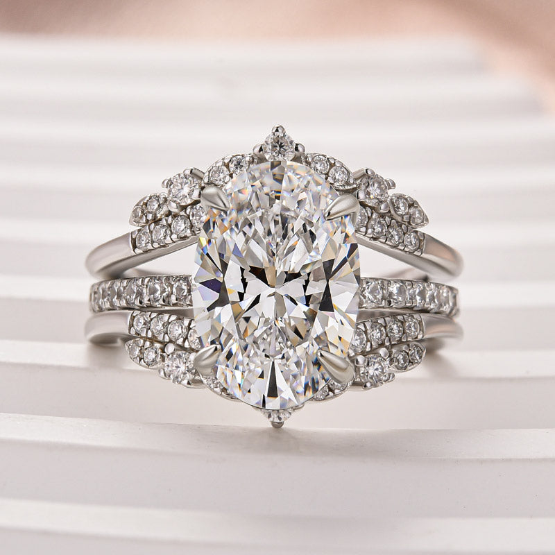 4Ct Oval Moissanite Wedding Set - Platinum Plated Stackable
