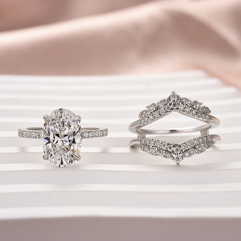 4Ct Oval Moissanite Wedding Set - Platinum Plated Stackable