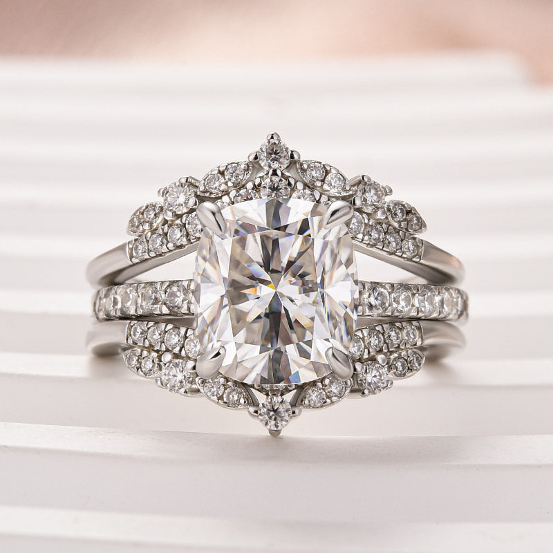 3Ct Cushion Moissanite Wedding Set - Stackable White Gold Band