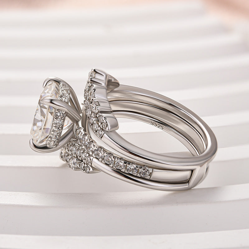 3Ct Cushion Moissanite Wedding Set - Stackable White Gold Band