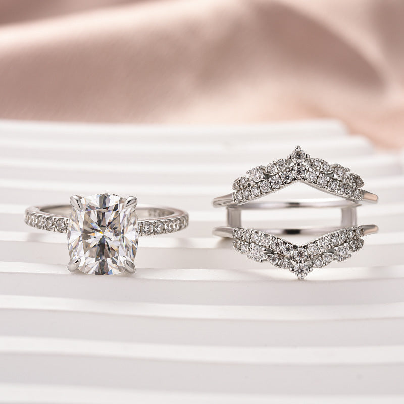 3Ct Cushion Moissanite Wedding Set - Stackable White Gold Band