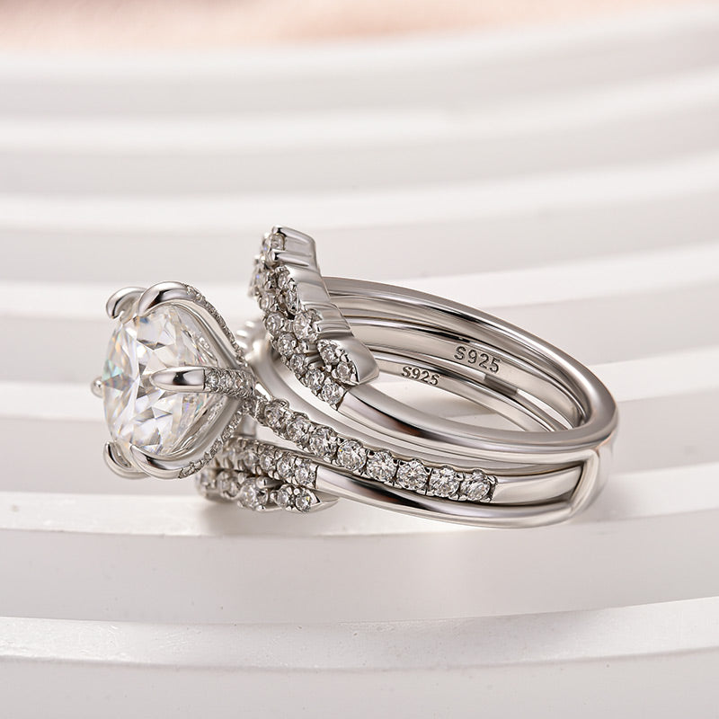 3.0CT Moissanite Round Cut Wedding Ring Set – 925 Silver Platinum Plated