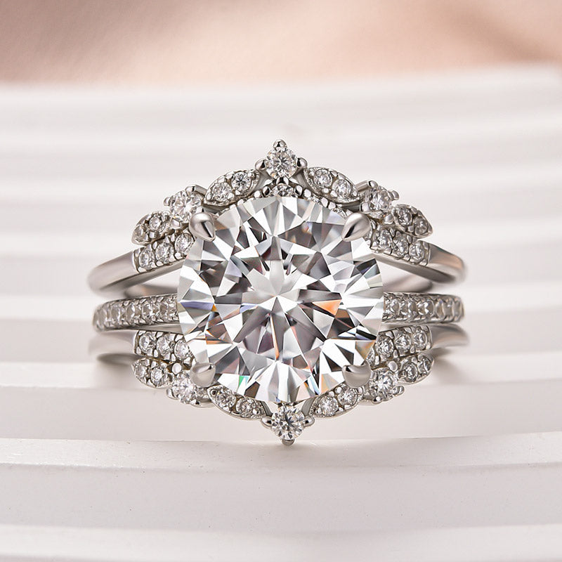 4Ct Round Moissanite Ring Set - Platinum Stackable Band