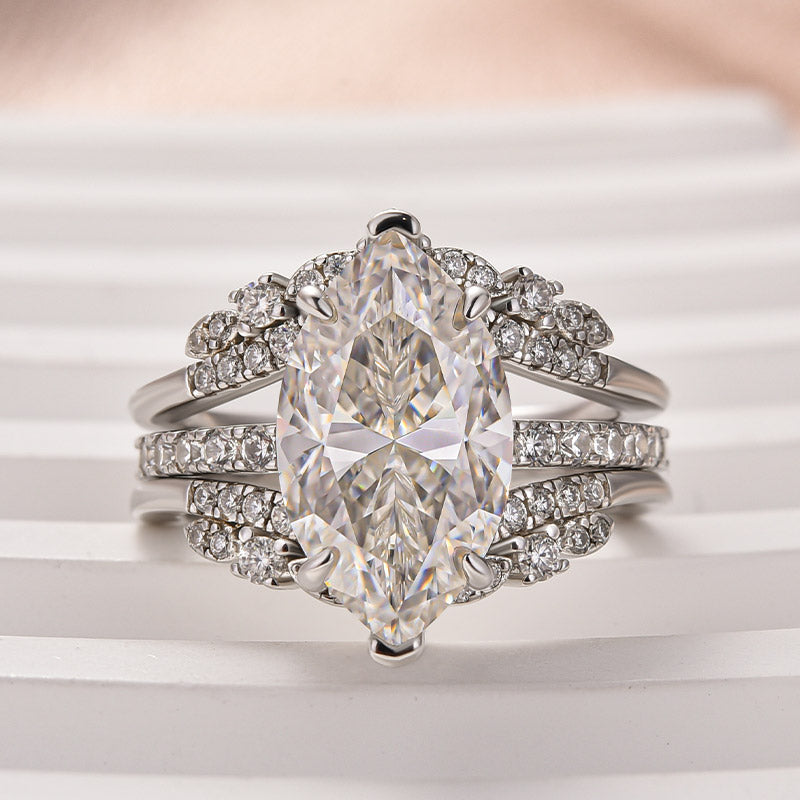 4Ct Marquise Moissanite Ring Set - Stackable White Gold