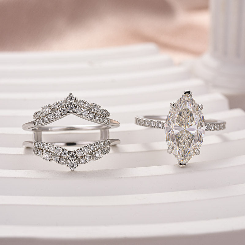 4Ct Marquise Moissanite Ring Set - Stackable White Gold