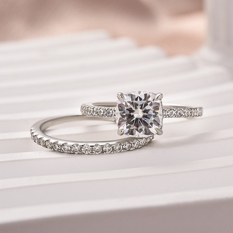 2Ct Square Cushion Moissanite Set - Half Halo White Gold