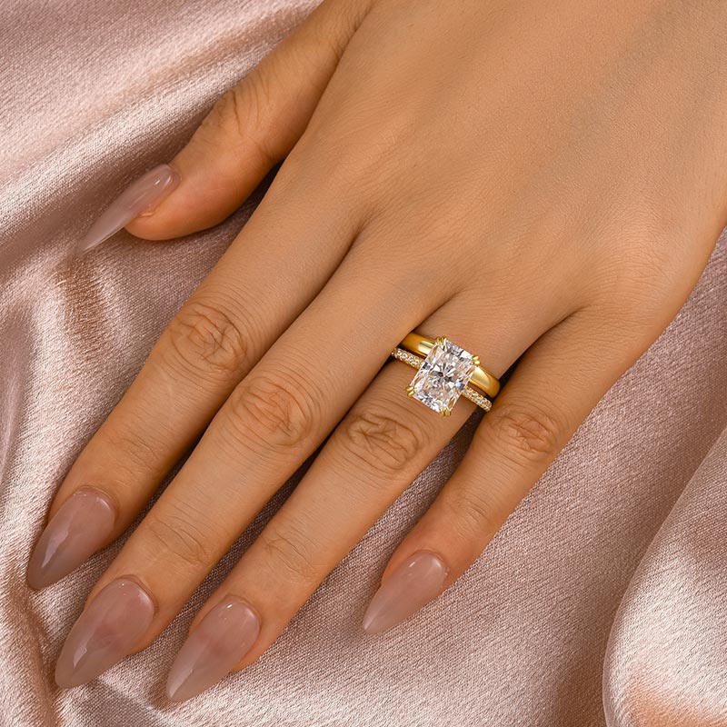 4.5Ct Radiant Cut Moissanite Wedding Ring Set - Wide Yellow Gold Band