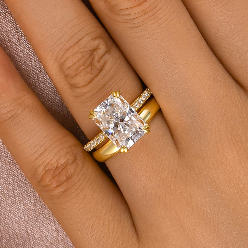 4.5Ct Radiant Cut Moissanite Wedding Ring Set - Wide Yellow Gold Band