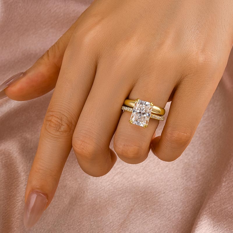 4.5Ct Radiant Cut Moissanite Wedding Ring Set - Wide Yellow Gold Band