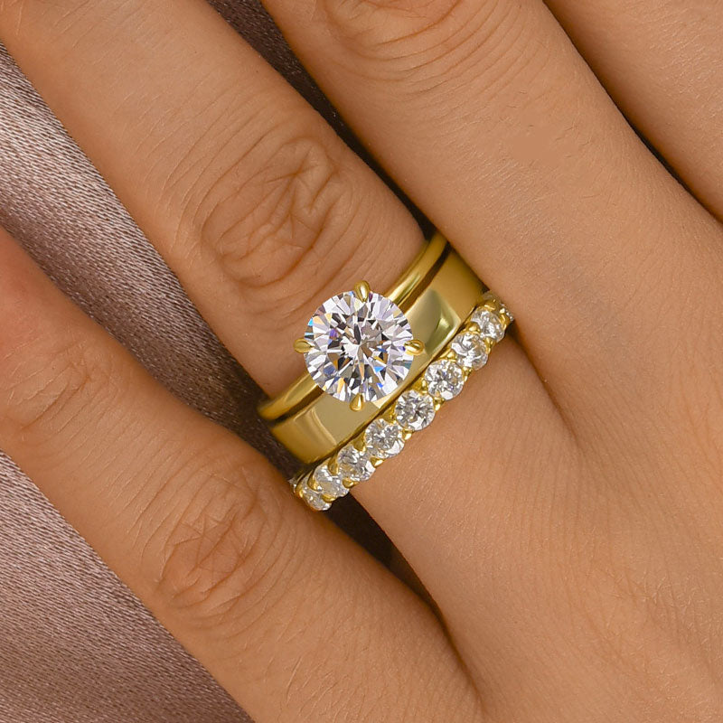 2 Carat Round Moissanite Yellow Gold Wedding Ring Set with Wide Band